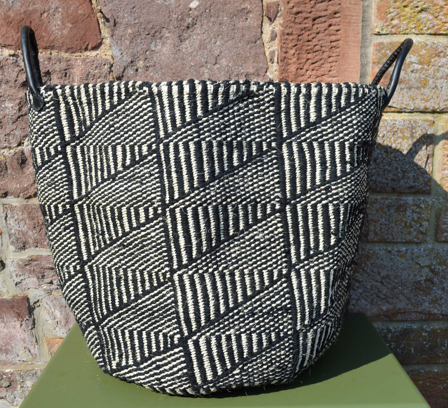 Extra Large Woollen Kiondo style Basket with leather handles. Burgundy, Navy, Pale Blue B&W Hoops