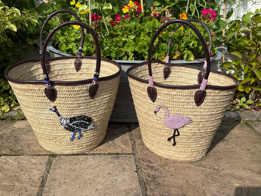 Beaded Tanzanian Seagrass Baskets with hand stitched Leather & Beaded Motifs