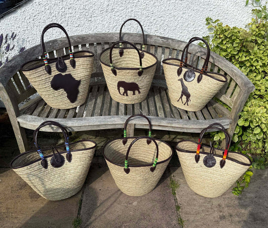 Beaded Tanzanian Seagrass Baskets with hand stitched Leather & Beaded Motifs