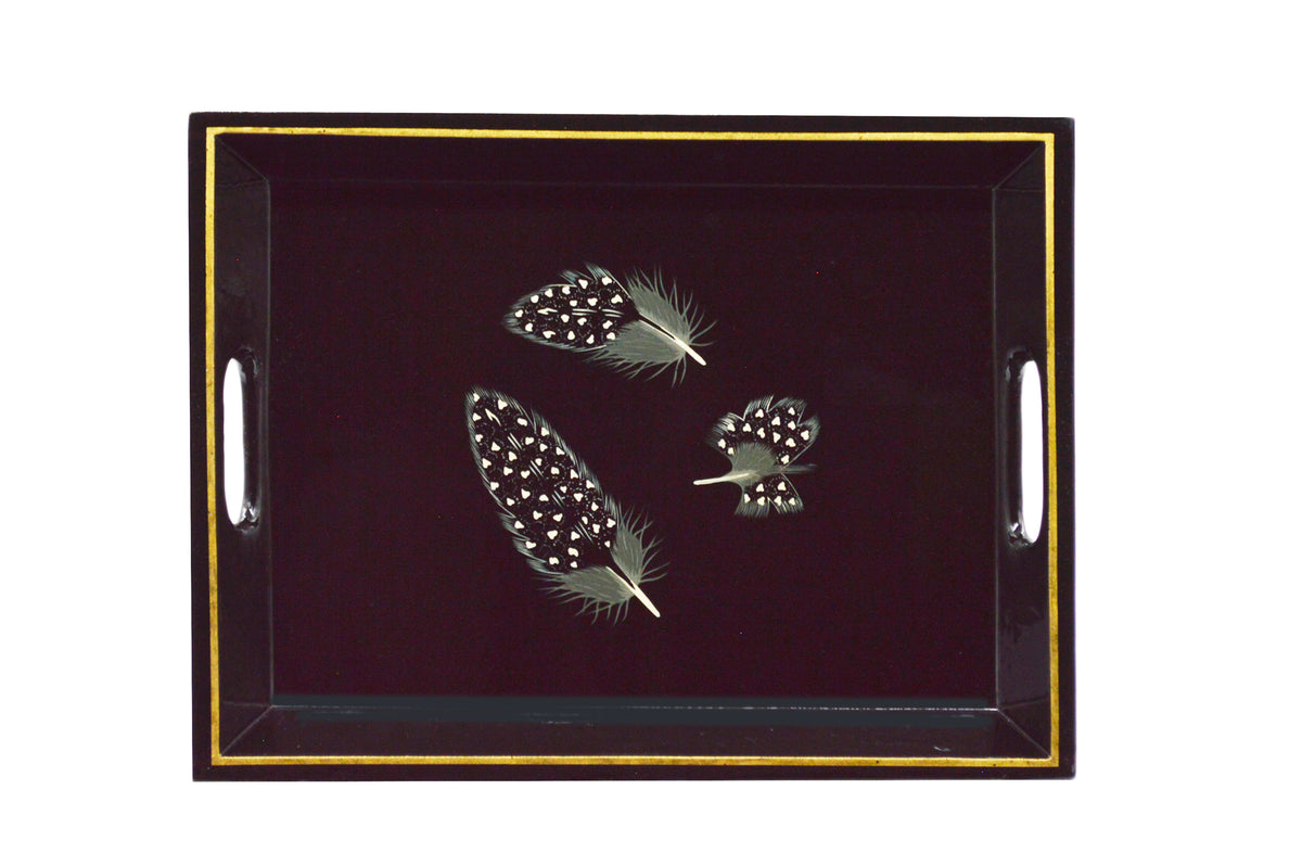 Drinks Tray Hand Painted Guinea Fowl Feathers on Black
