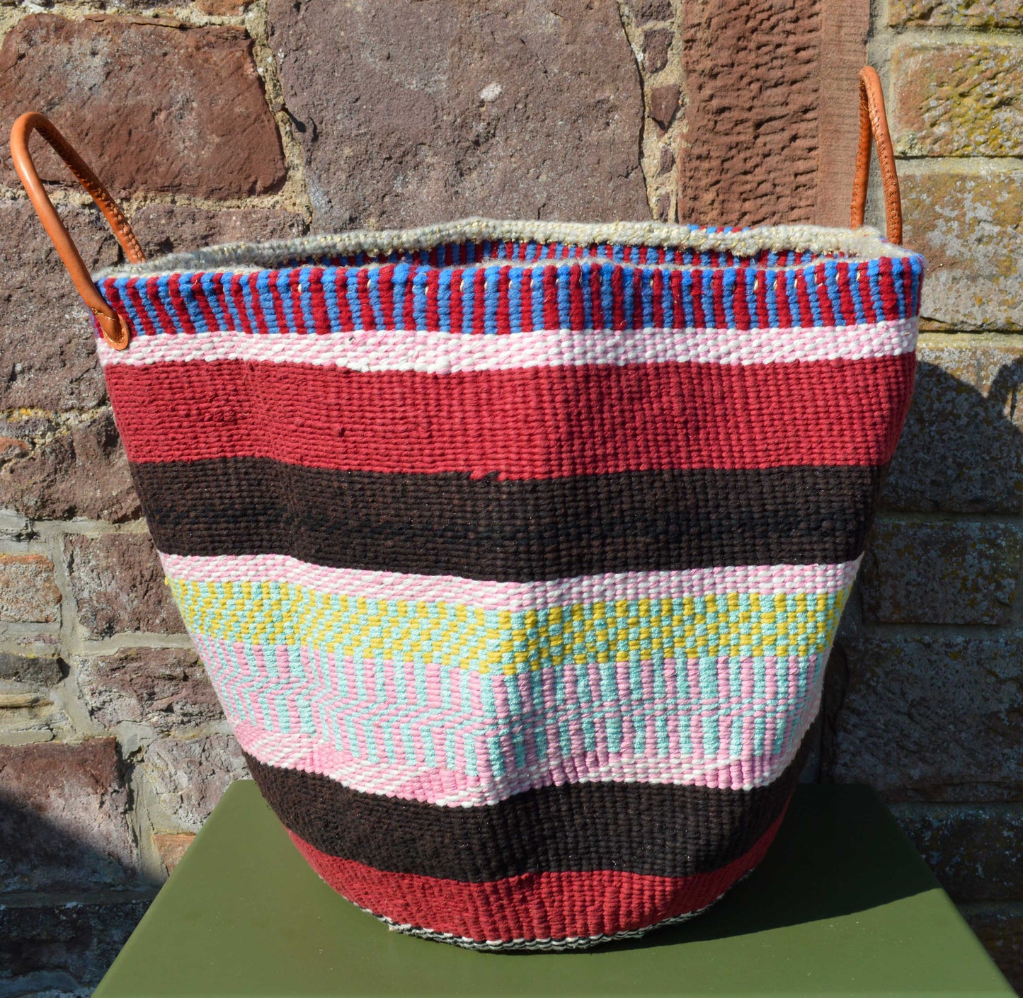 Extra Large Woollen Kiondo style Basket with leather handles. Two Red, Black, Pink & Blue Options