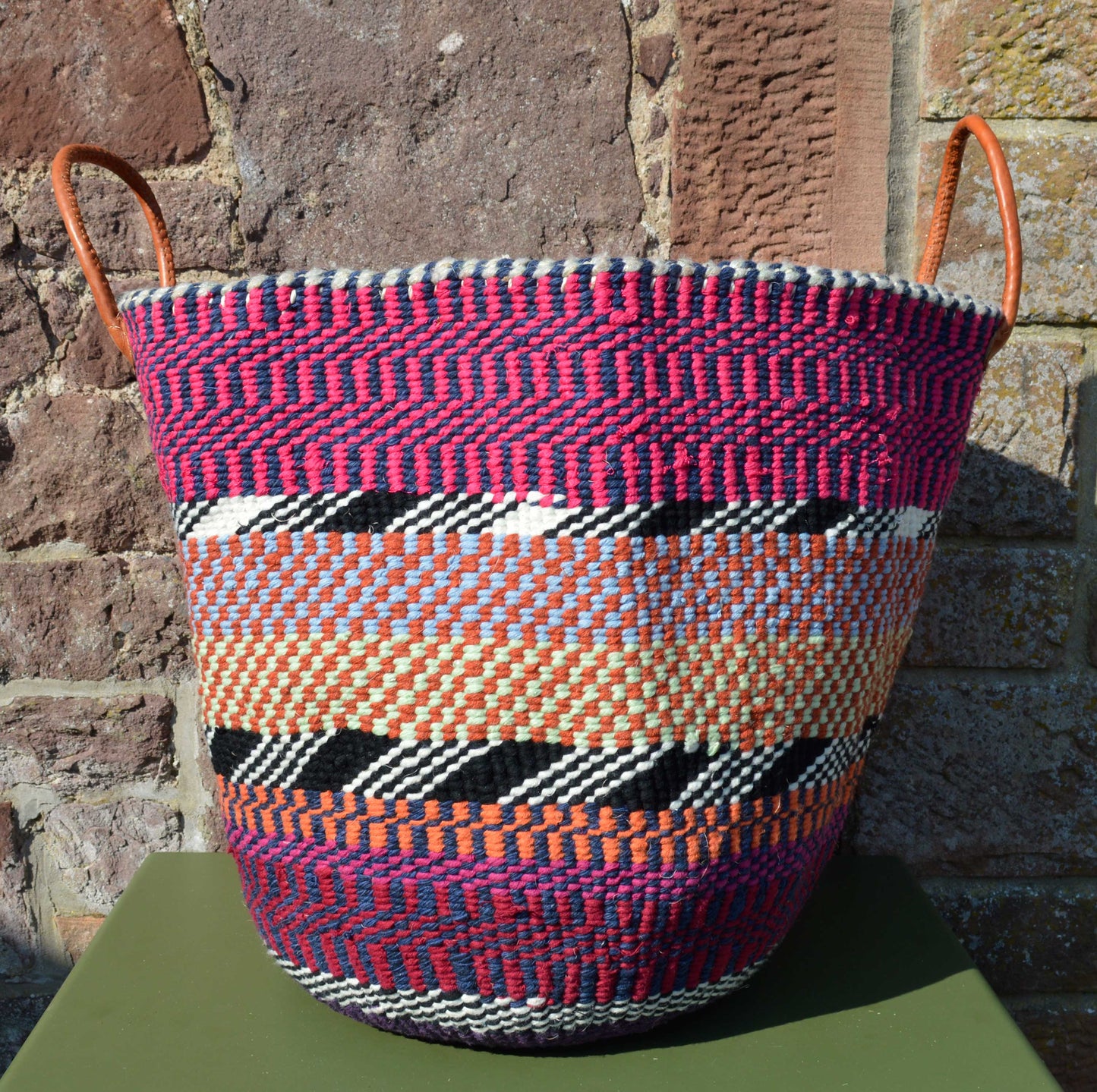 Extra Large Woollen Kiondo style Basket with leather handles. Two Pink Options