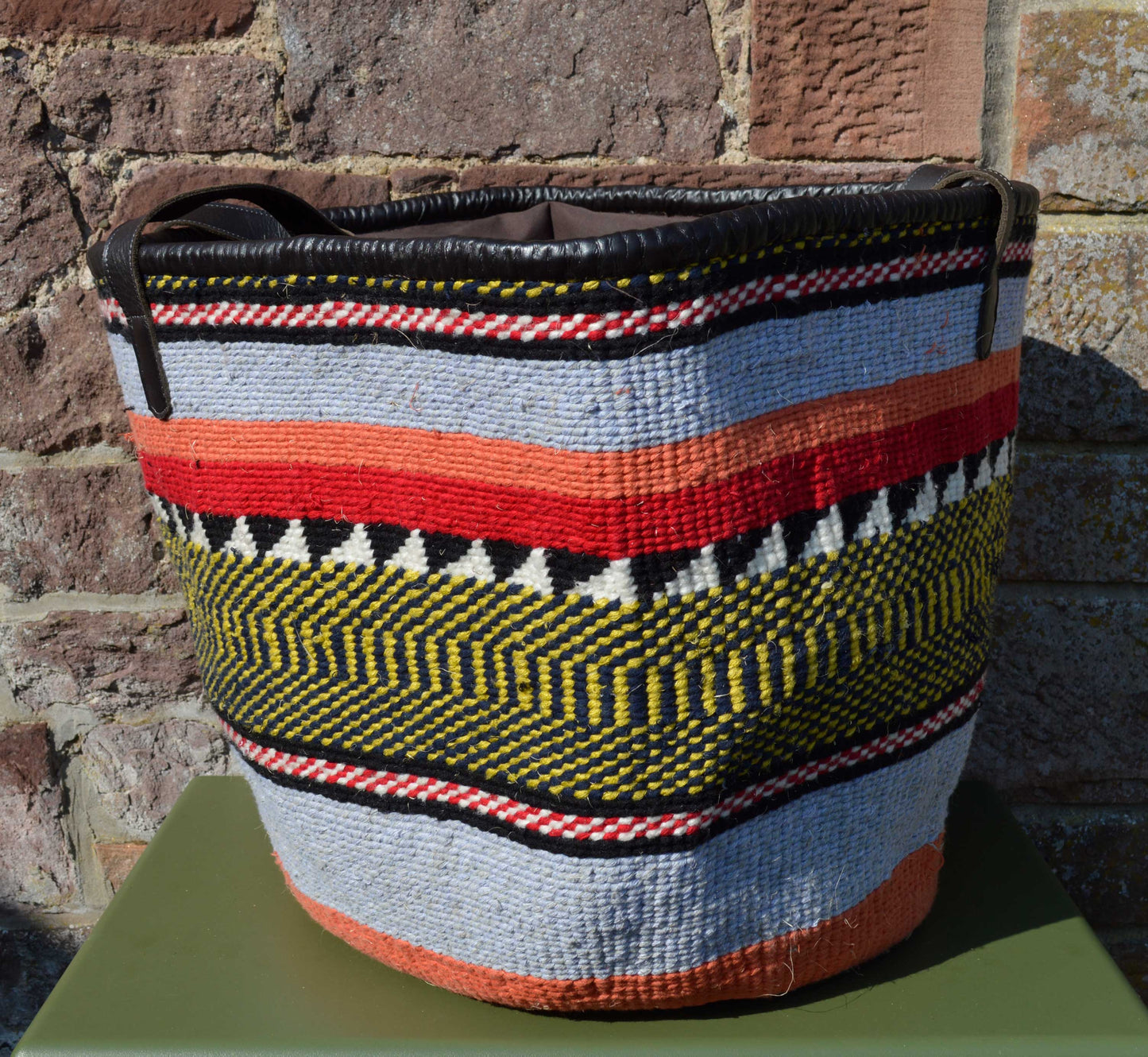 Giant Woollen Kiondo style Lined Basket with heavy duty Mocha leather trim & handles. Pale Blue, Orange, Red, B&W, Blue & Yellow Hoops. (Copy)