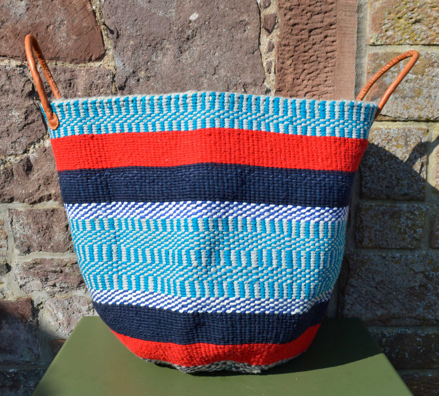 Extra Large Woollen Kiondo style Basket with leather handles. Two Red, Blue & Green Options
