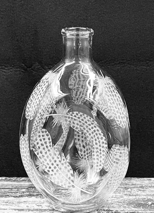 Dimple Bottle, Engraved with Guinea Fowl Feathers