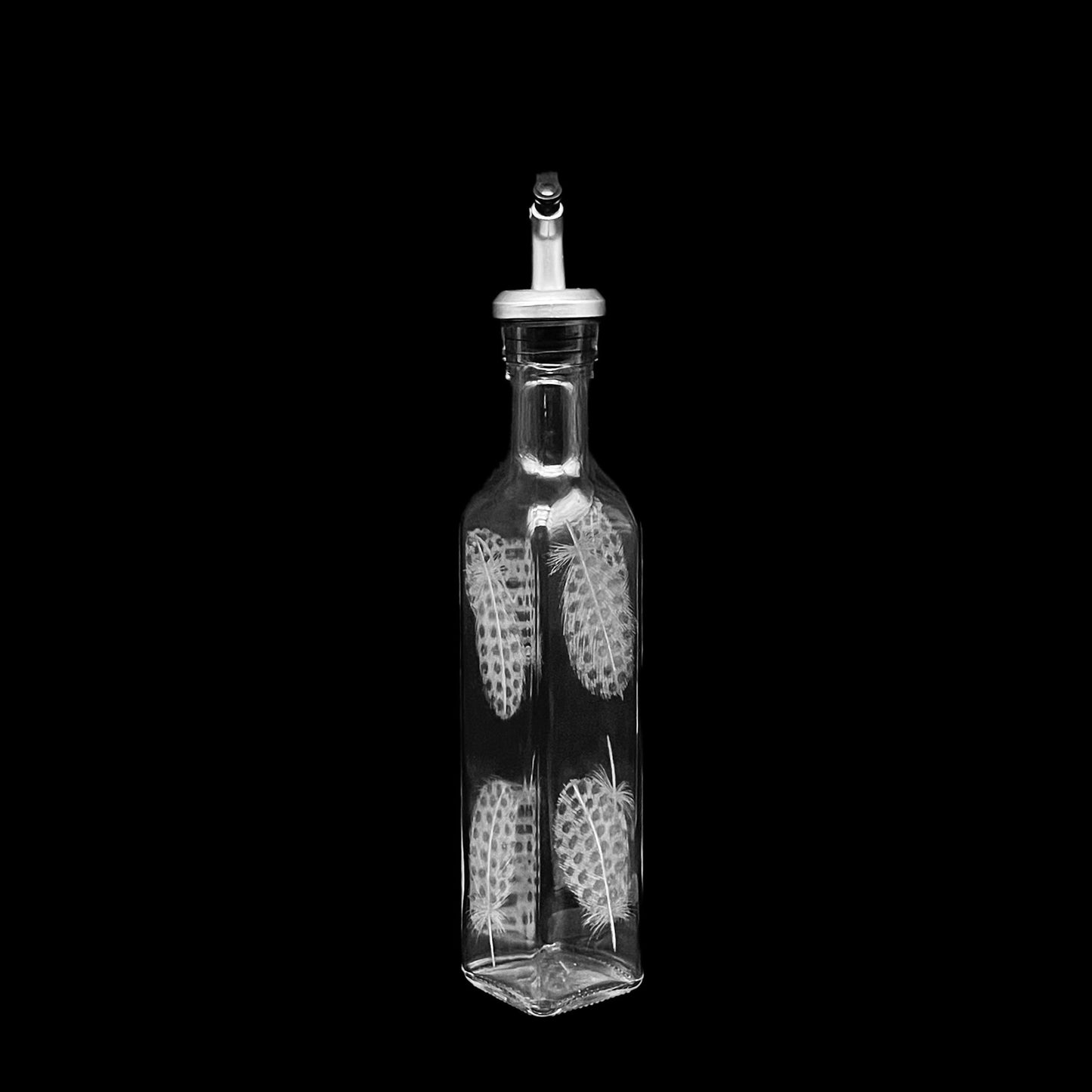 Oil or Dressings Bottle, Engraved with Guinea Fowl Feathers or Dragonfly