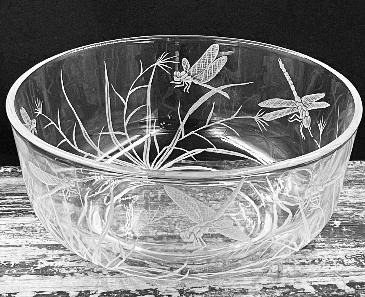 Small Glass Bowl, Engraved with Dragonfly