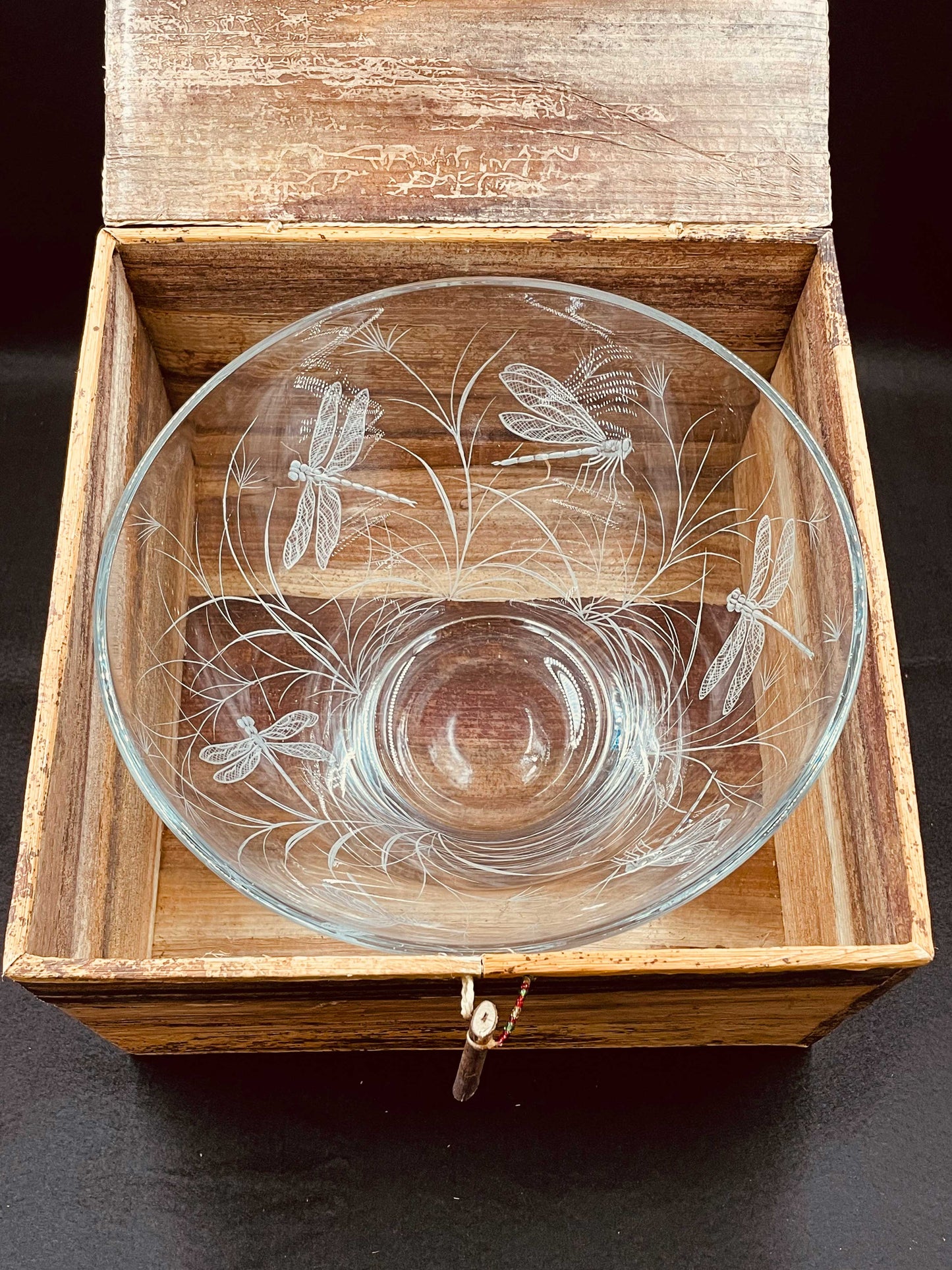 Glass Bowl, Engraved with Dragonfly in Banana Fibre Presentation Box