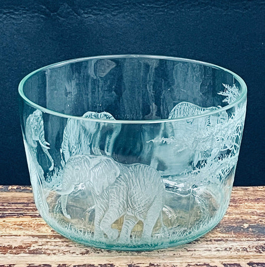 Small Glass Bowl, Engraved with Elephant