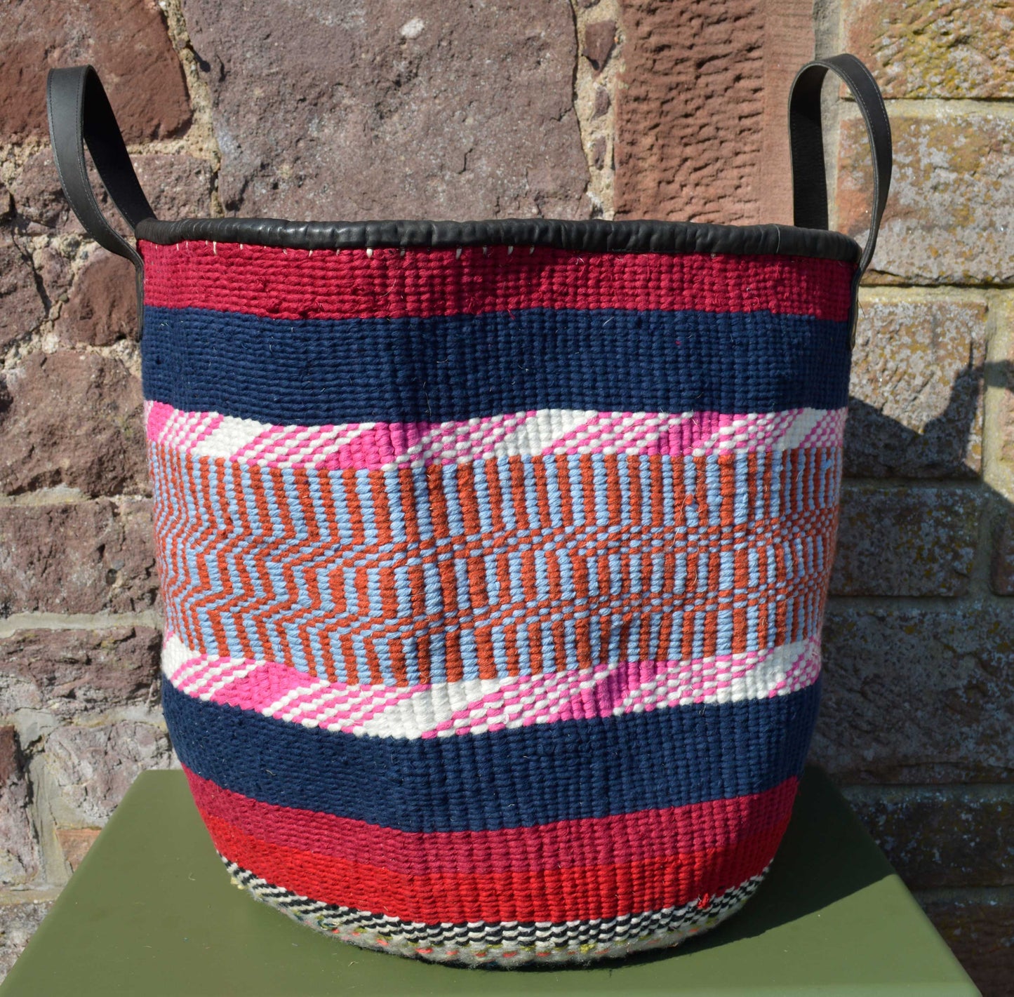 Giant Woollen Kiondo style Lined Basket with heavy duty Mocha leather trim & handles. Burgundy, Navy, Pink & White, Blue & Red Hoops.