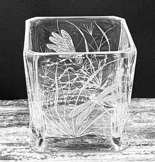 Hand Engraved square vase with Dragonfly