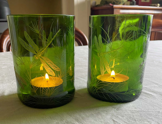 Candle Holders, Engraved with Dragonfly