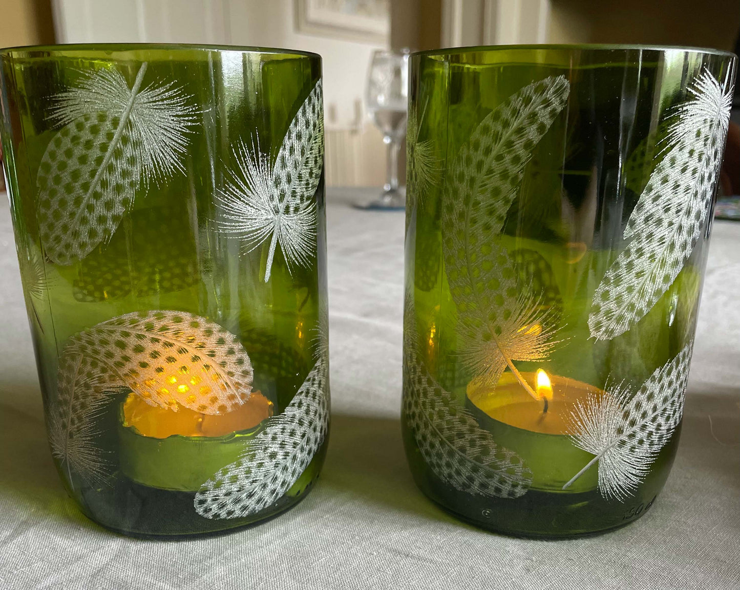 Candle Holder,Green Glass Engraved with Guinea Fowl Feathers