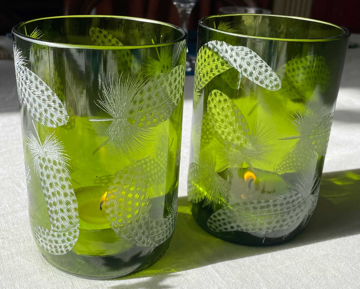 Candle Holder, Engraved with Guinea Fowl Feathers