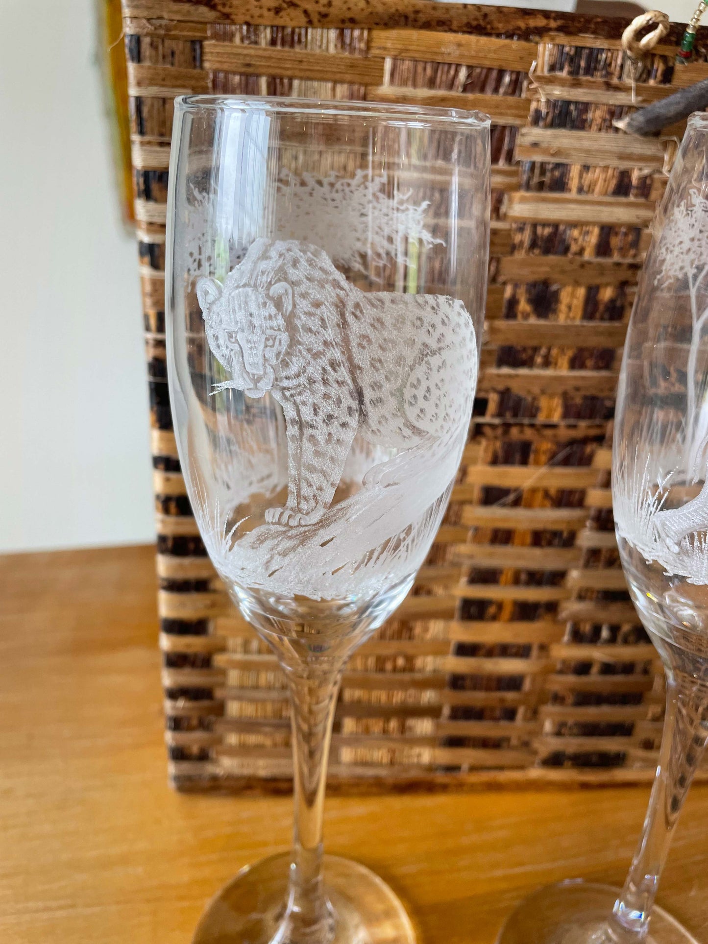 Champagne Glasses, Engraved with African Animals