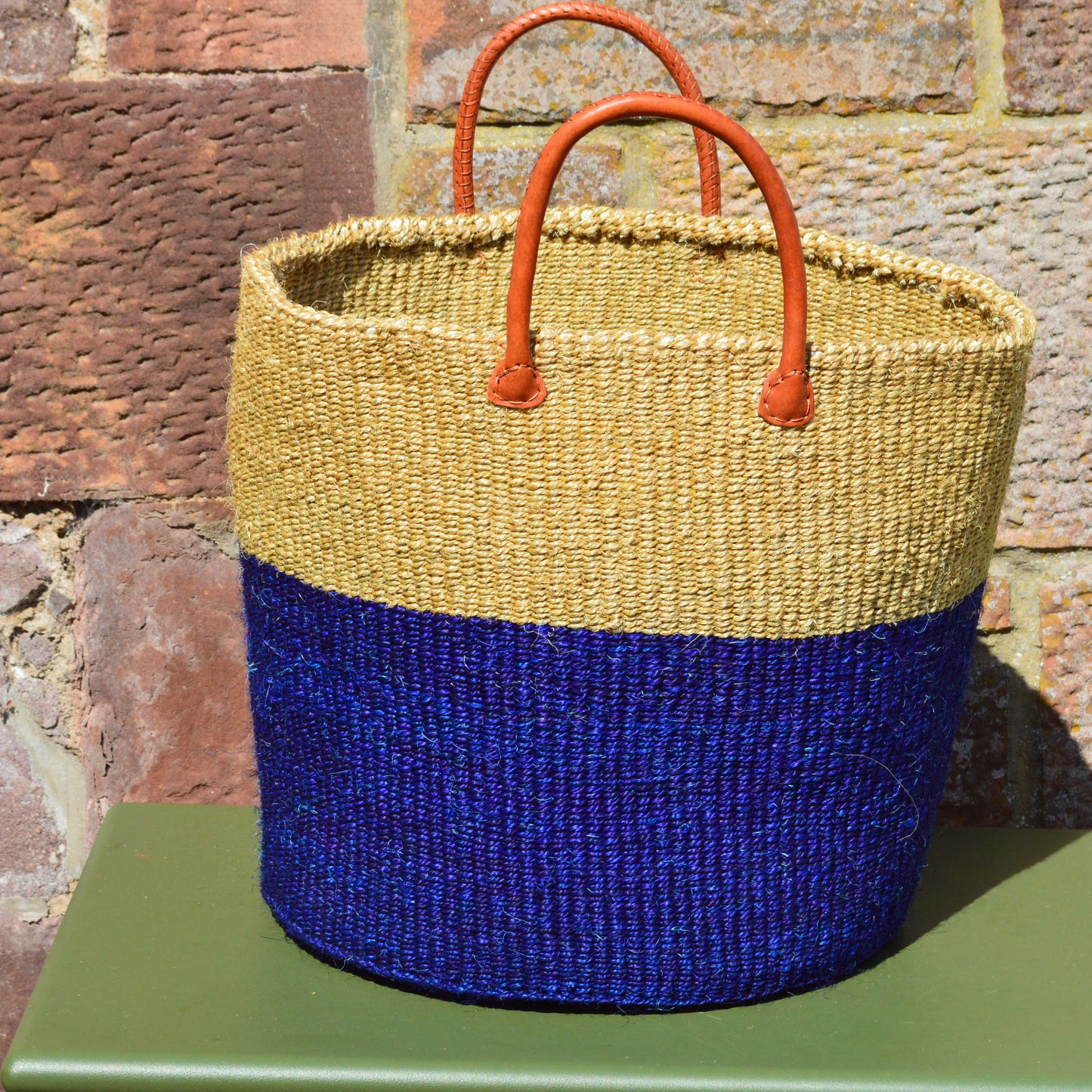 Large Sisal Basket Royal Blue & beige Block