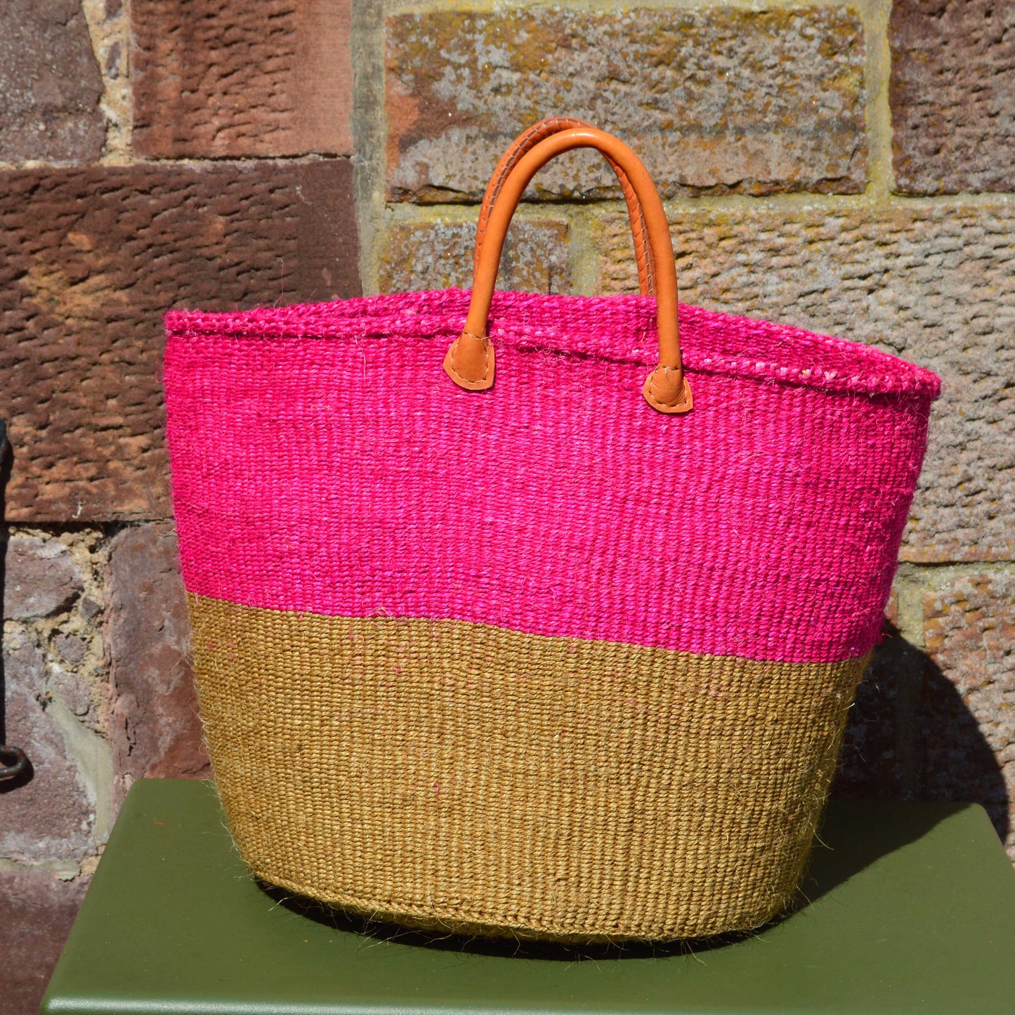 Large Sisal Basket Pink and Beige Block