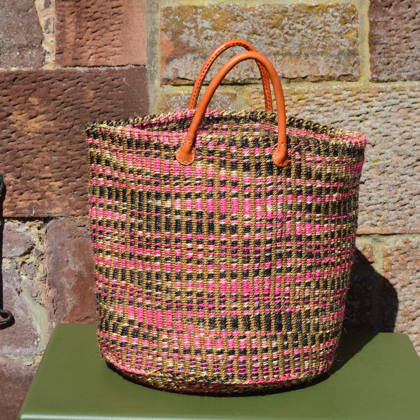 Large Sisal Basket Beige with Pink and Black Pattern