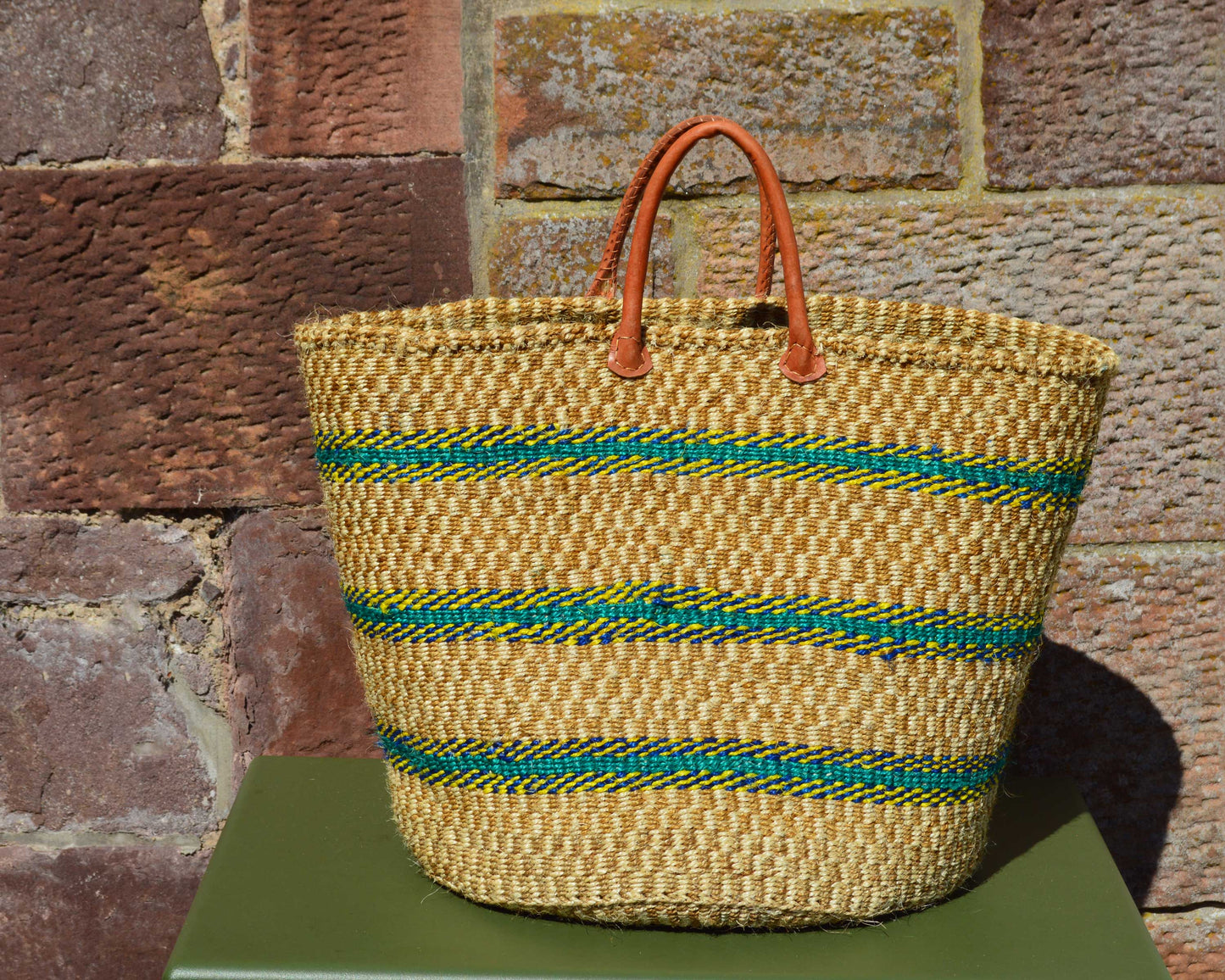Large Sisal Basket Beige with Turquoise, Blue and Yellow Hoops