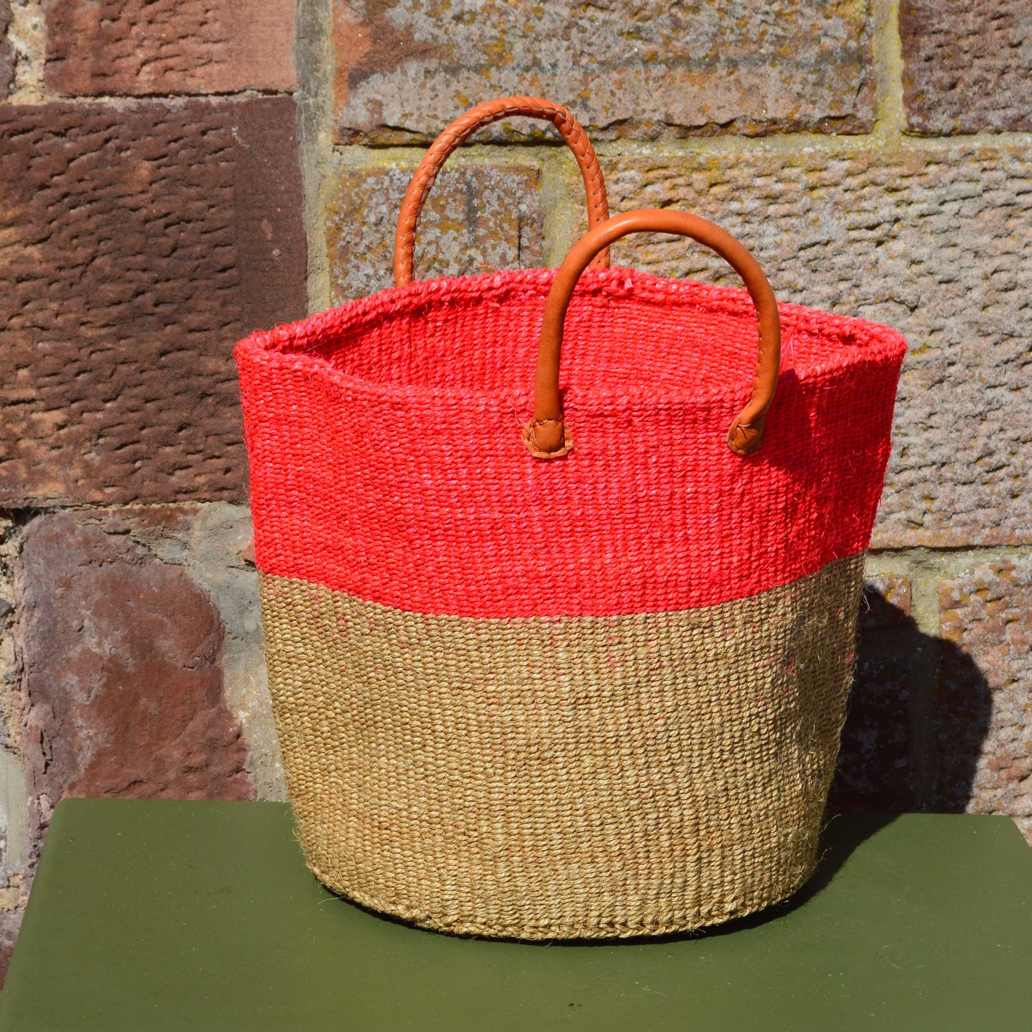 Large Sisal Basket Red and Beige Hoops