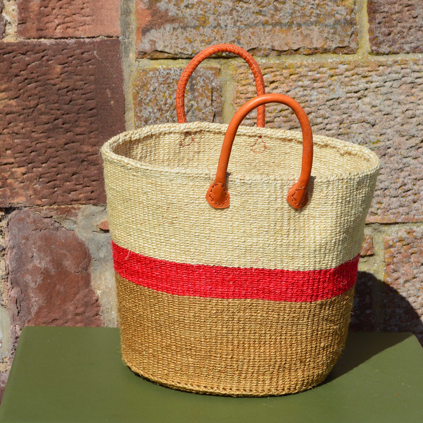 Large Sisal Basket Cream and Beige with Red Hoop