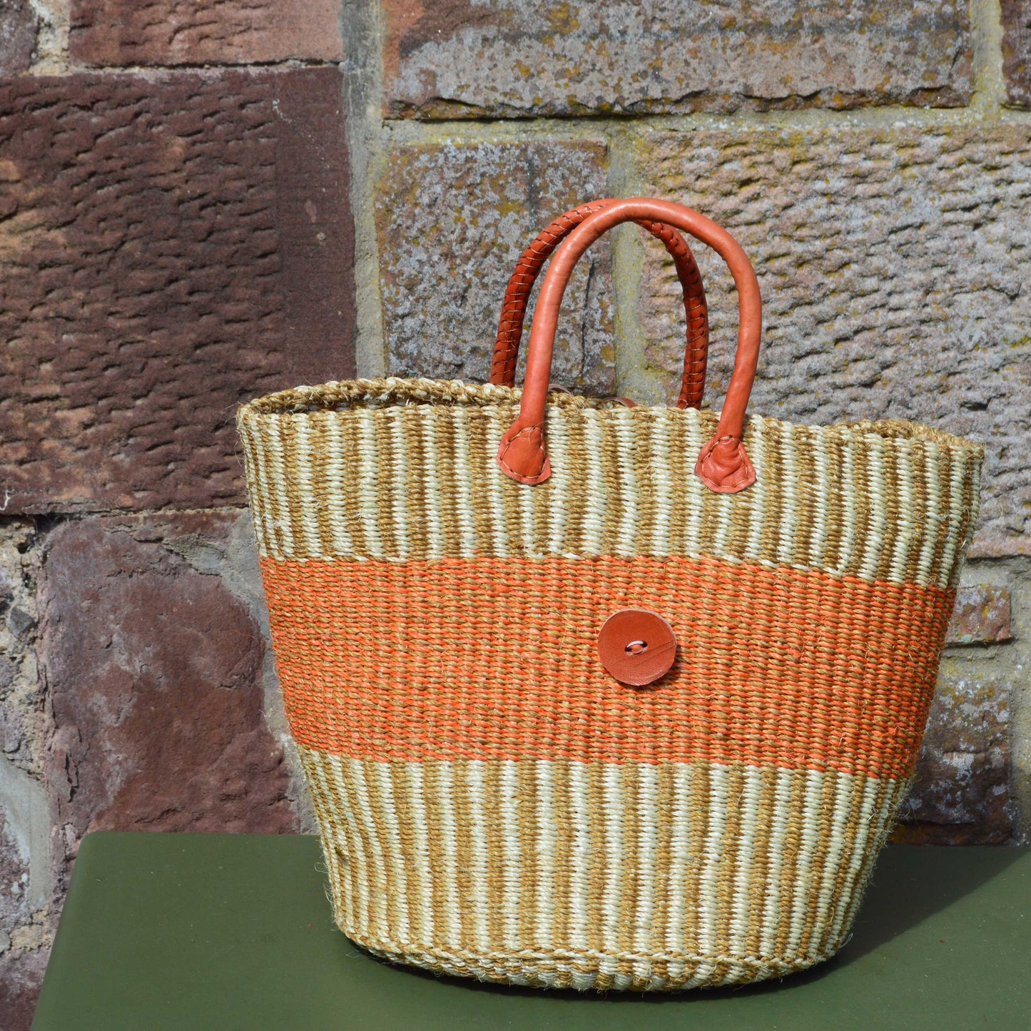 Small Sisal Basket Beige& Cream with Orange Band and Leather Toggle