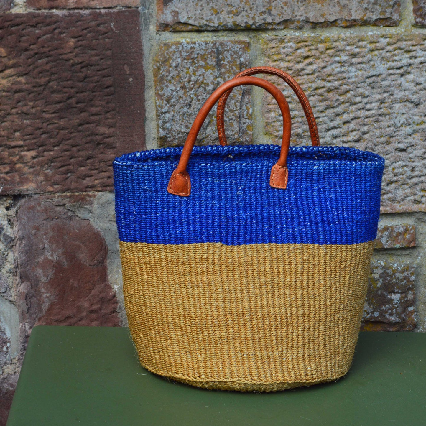 Small Sisal Basket Beige & Bright Blue Block