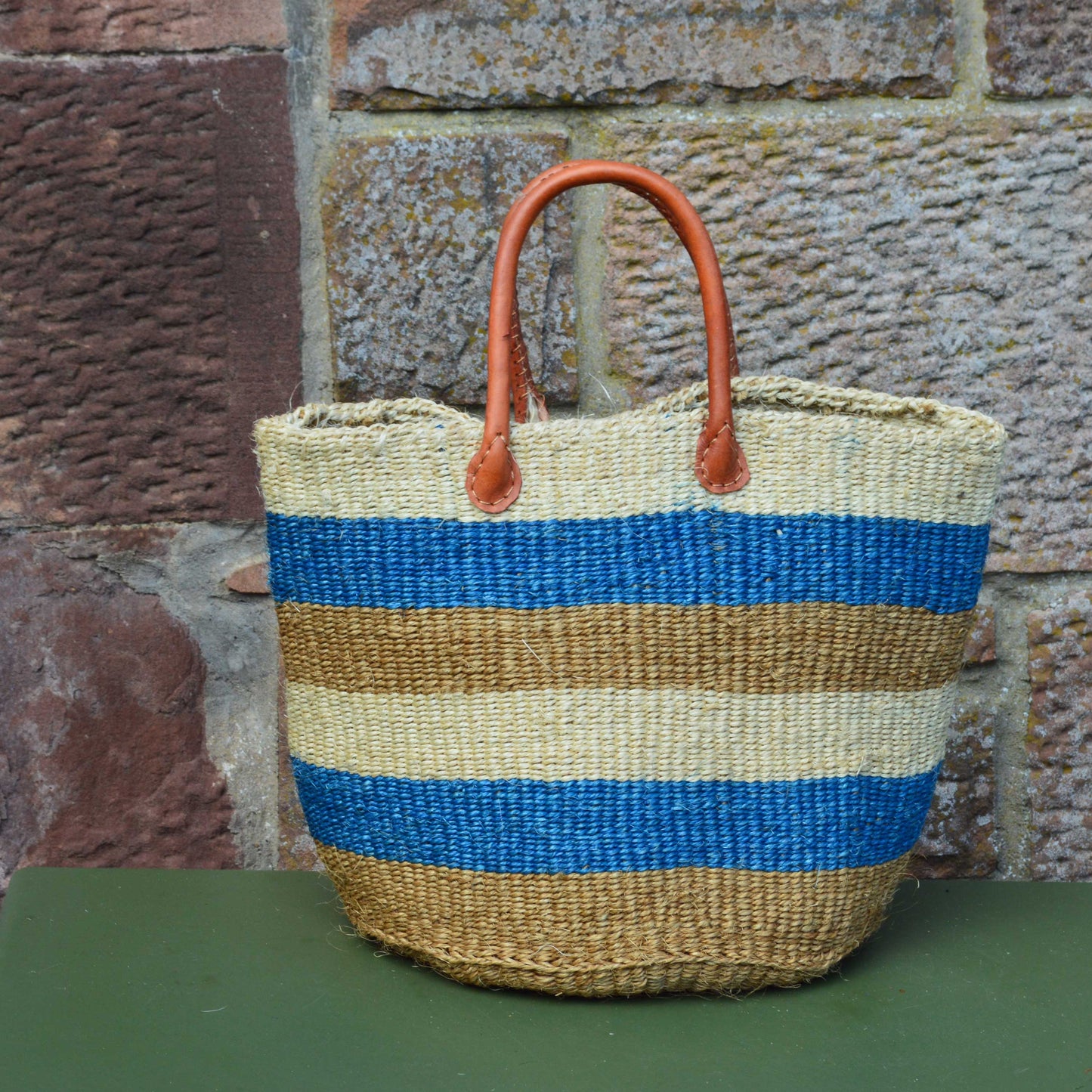 Small Sisal Shopping Basket Cream, Blue and Beige Hoops