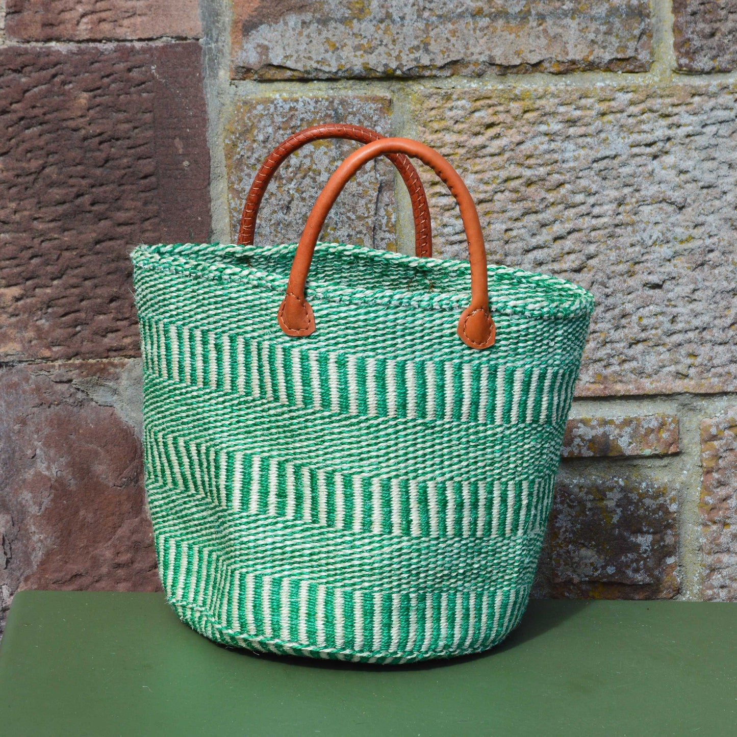 Small Sisal Shopping Basket Pale Green with Cream Pattern