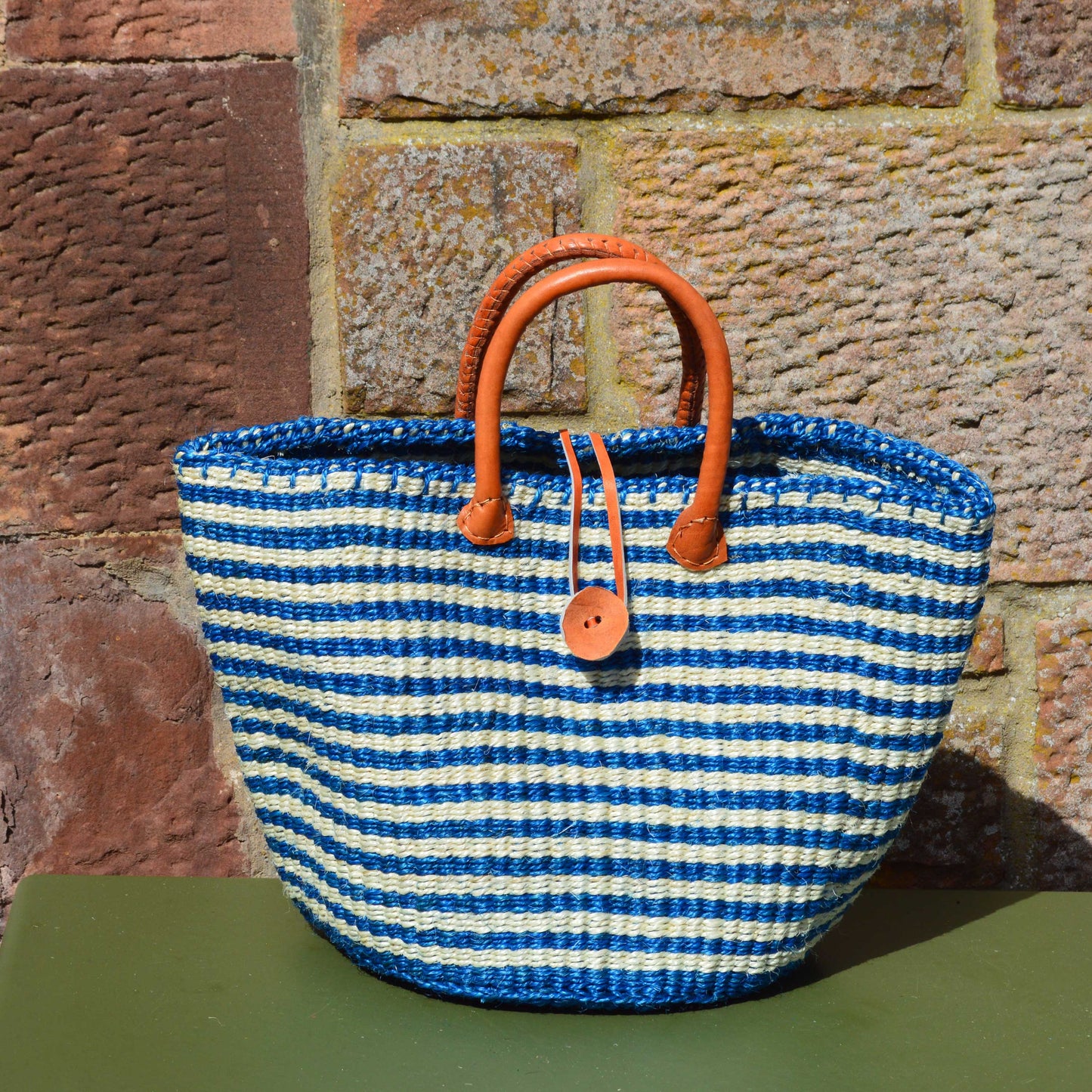 Small Sisal Shopping Basket Blue with Cream Hoops and Leather Toggle