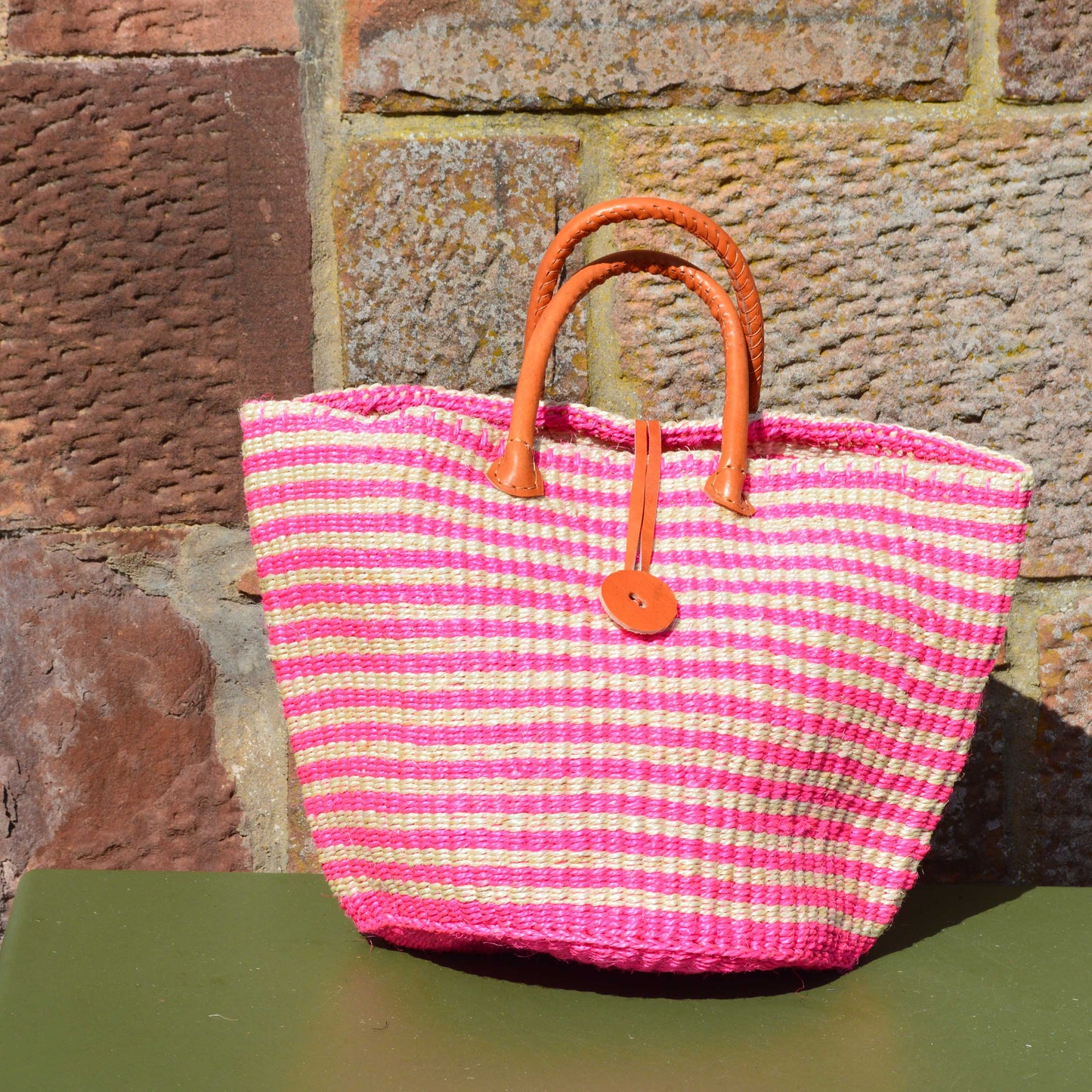 Small Sisal Shopping Basket Pink with Cream Hoops and Leather Toggle