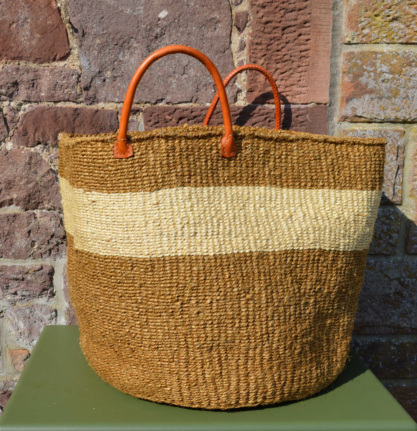 Very Large Sisal Basket Beige with Cream stripe