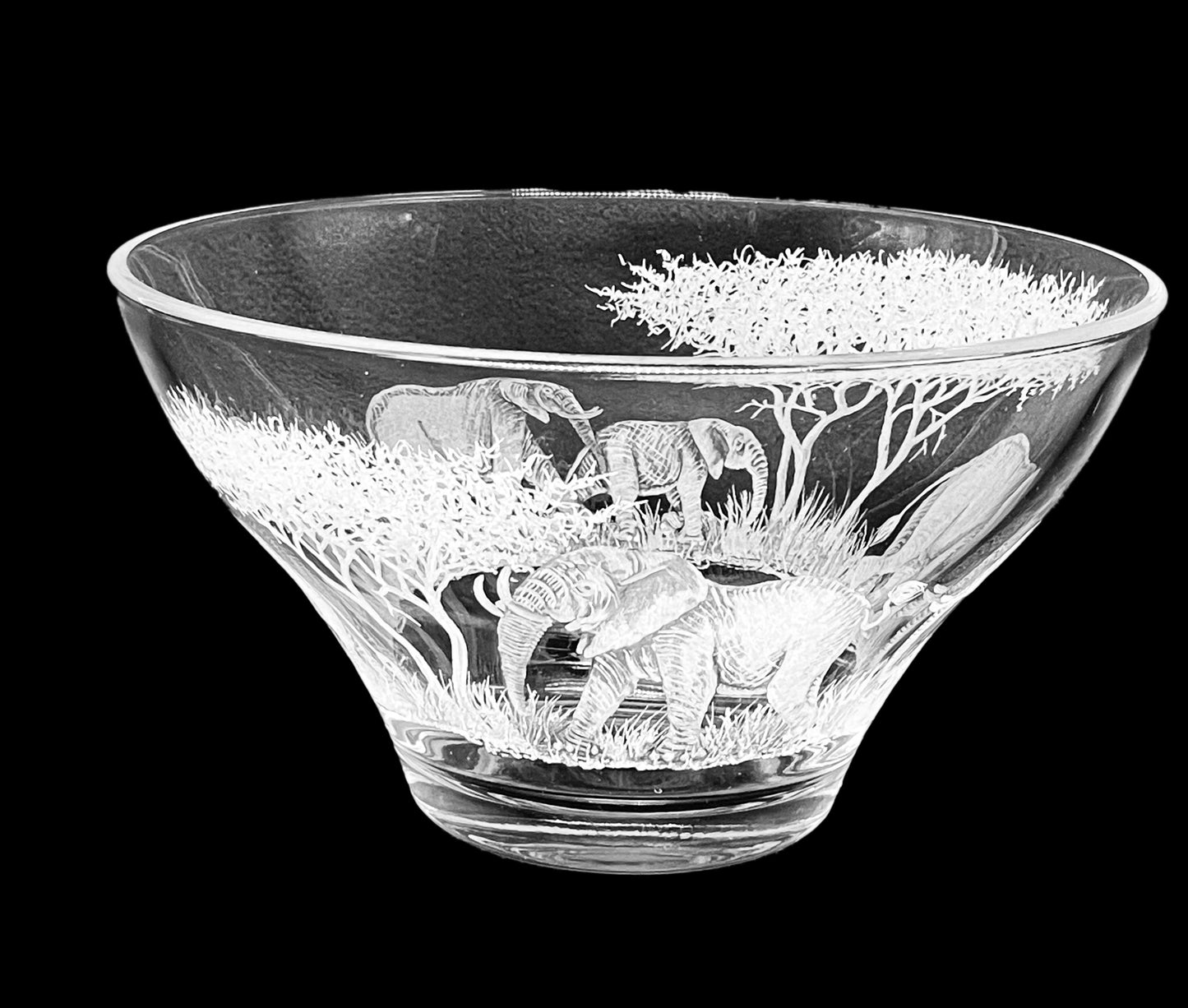 Glass Bowl, Engraved with Elephants in Banana Fibre Presentation Box