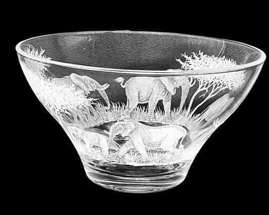 Glass Bowl, Engraved with Elephants in Banana Fibre Presentation Box