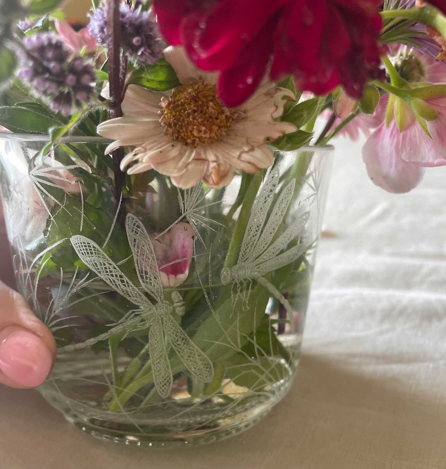 Hand Engraved square vase with Dragonfly