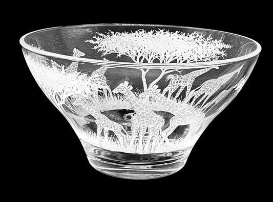 Glass Bowl, Engraved with Giraffe in Banana Fibre Presentation Box