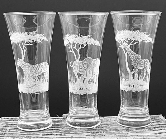 Beer Glasses, Engraved with BIG FIVE African Animals