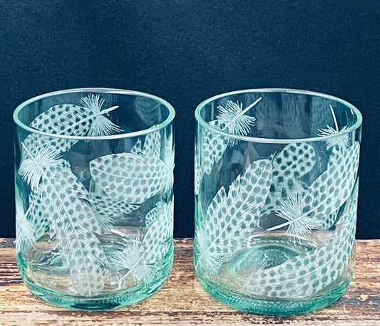 Hand Engraved recycled Glasses with Feathers