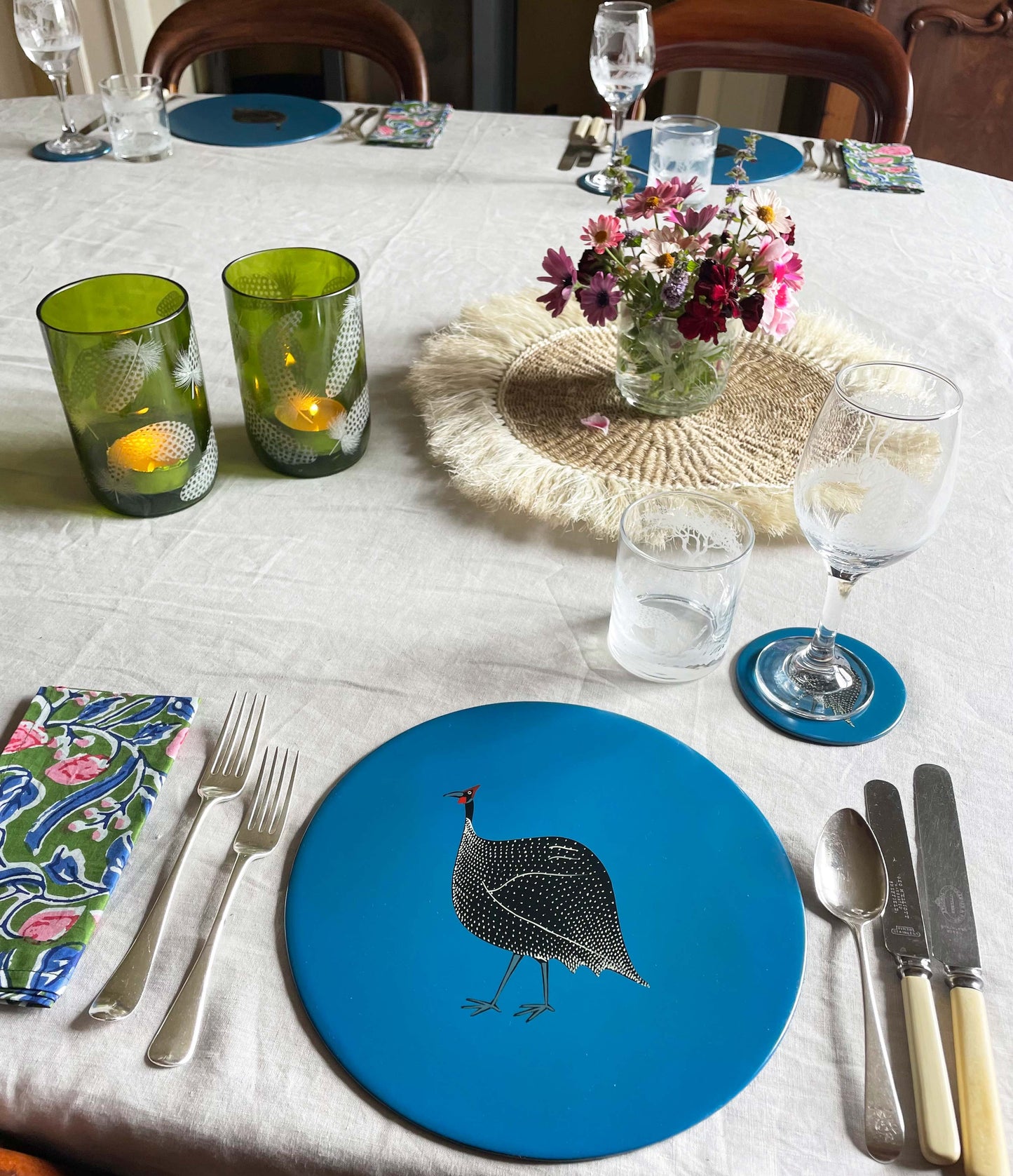 Table Mats, Original Guinea Fowl on Red, Set of 4
