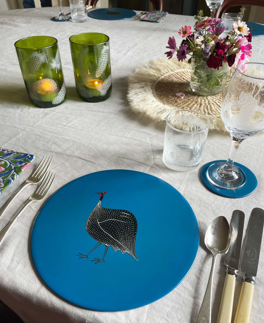 Coasters, Original Guinea Fowl on Blue, Set of 4