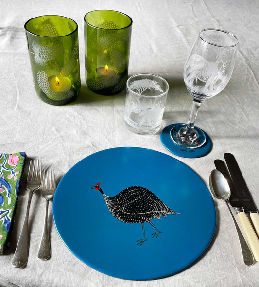 Table Mats, Original Guinea Fowl on Blue, Set of 4
