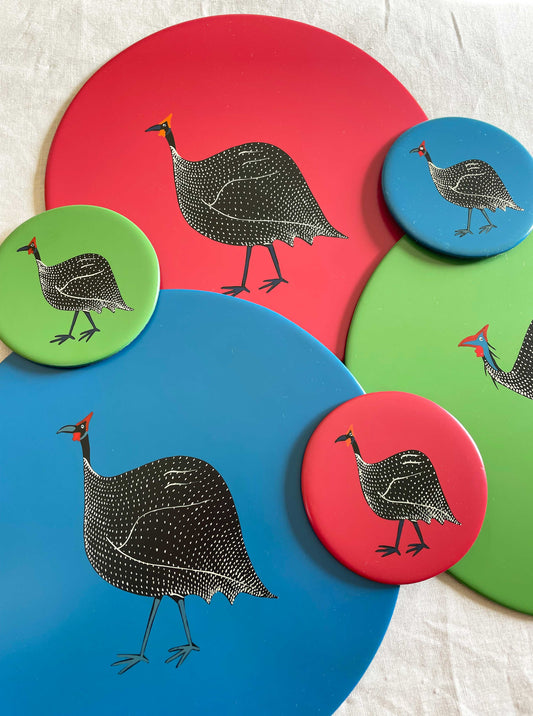 Coasters, Original Guinea Fowl on Red, Set of 4