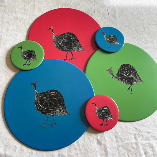 Coasters, Original Guinea Fowl on Avocado Green, Set of 4