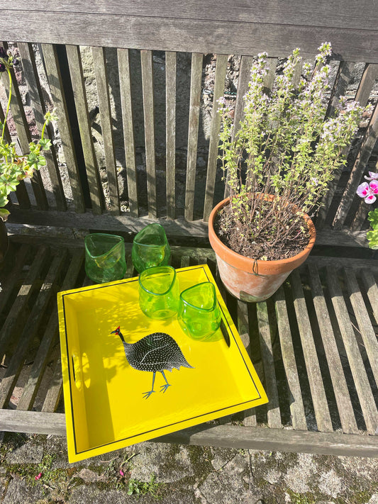 Square Tray, Guinea Fowl on Yellow