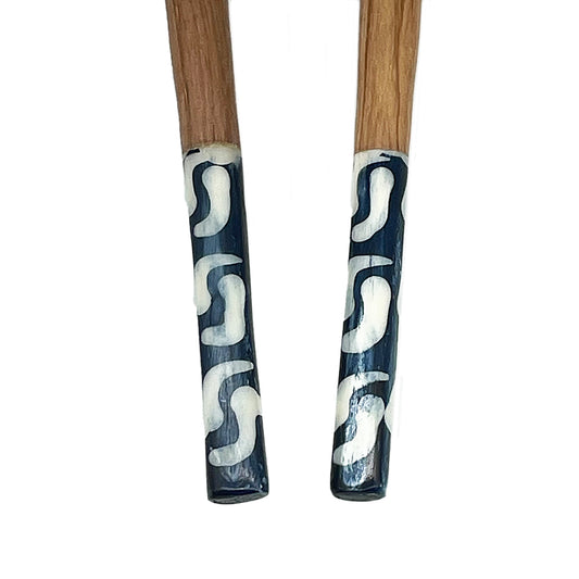 Long Olive wood Salad Servers with Batik Blue Green Handles