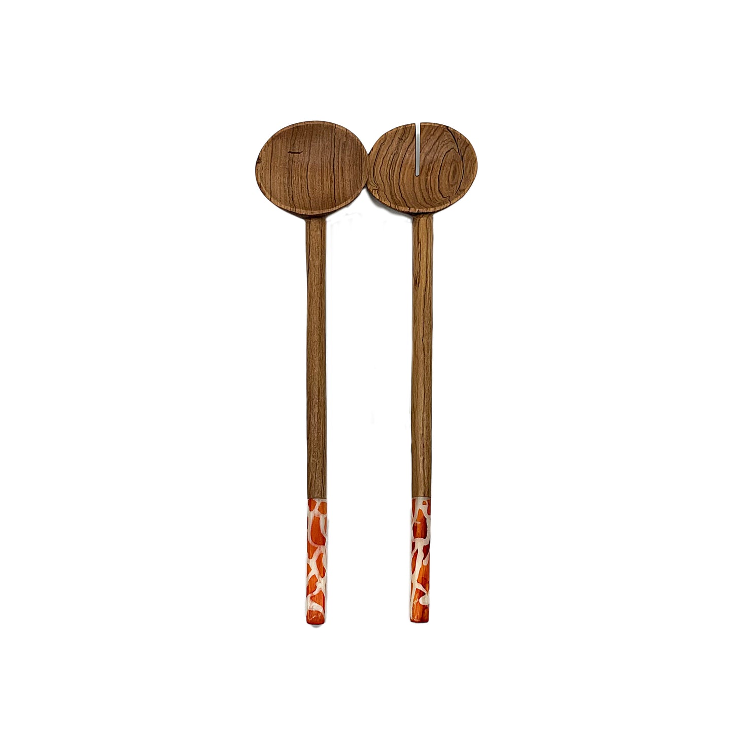 Long Olive wood Salad Servers with Orange Batik Bone Handles