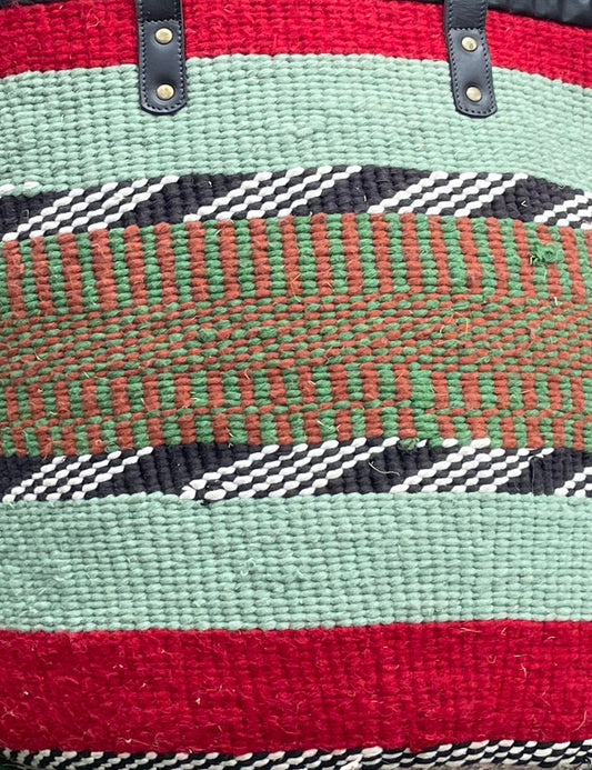 Giant Woollen Kiondo Basket with heavy duty Mocha leather trim & handles. Red & Pale Green Hoops, B&W zigzags, Burnt Orange & Green Check.
