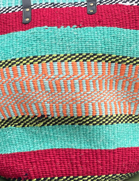 Extra Large Woollen Kiondo Basket with leather handles. Burgundy & Sea Green Hoops, B&W and Yellow & White Hoops Orange check