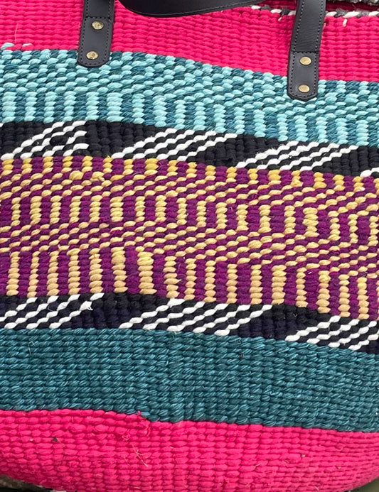 Extra Large Woollen Kiondo Basket with leather handles.Cerise Hoop, Grey & Pale Blue Mix Hoop, B & W Zig Zag Purple & Yellow Mix Hoop.