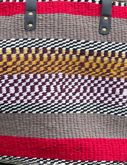 Extra Large Woollen Kiondo Basket with leather handles. Red & Mole Hoops, B&W ZigZag, Gold & Brown Mix,White & Brown mix Hoops